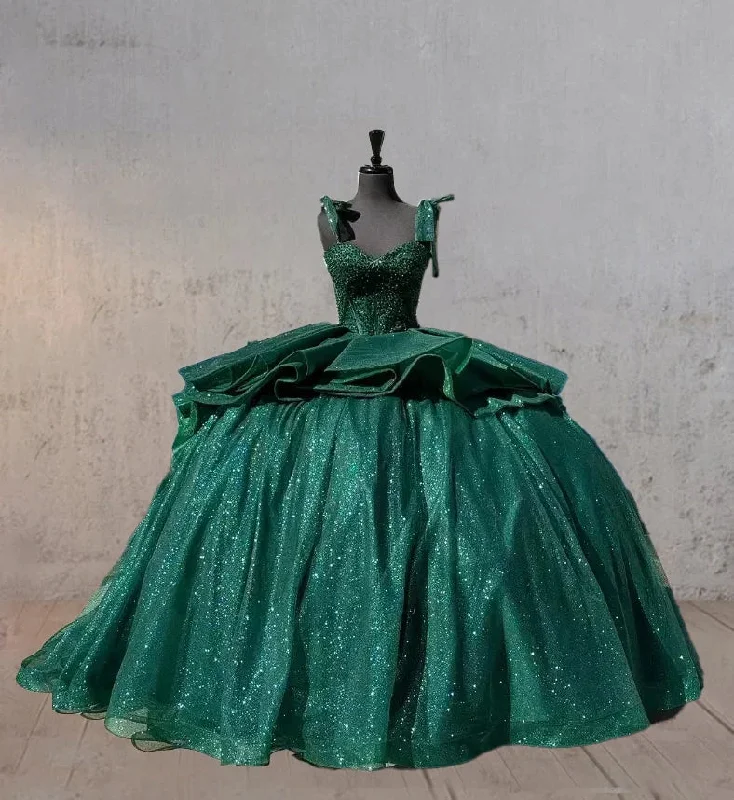 Ball-Gown Lace Emerald Green Glitters Quinceanera Dresses Lace Dress Shine