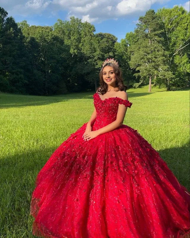 Ball Gown Lace Off-the-Shoulder Red Quinceanera Dress Lace Dress Design