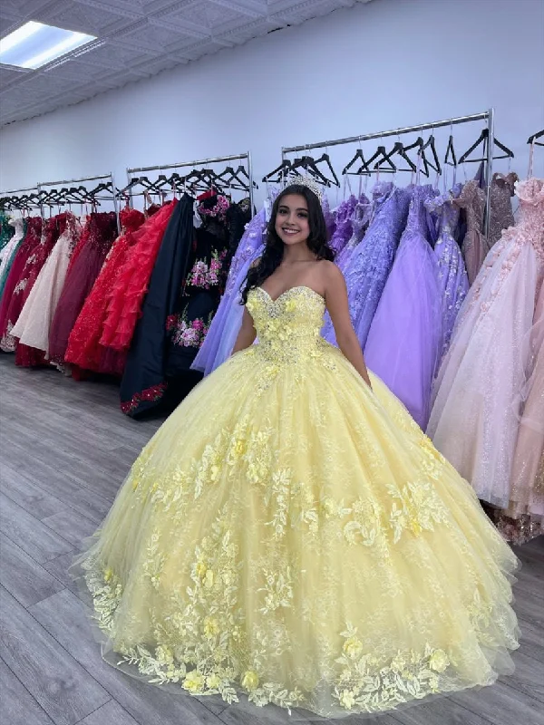 Ball Gown  Lace Sweetheart  Yellow Quinceanera Dress Elegant Lace Gown