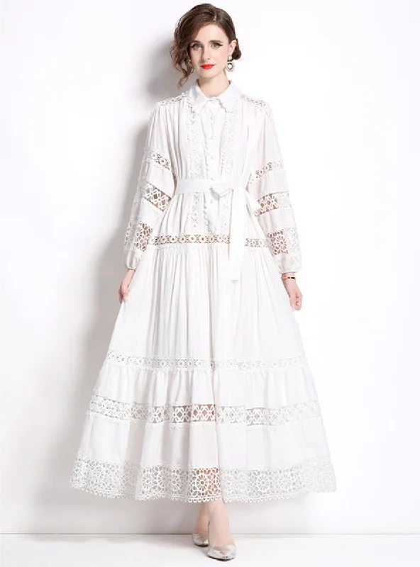 Fashion Lapel Stitching Lace Lantern Sleeve Dress Vintage Lace Gown