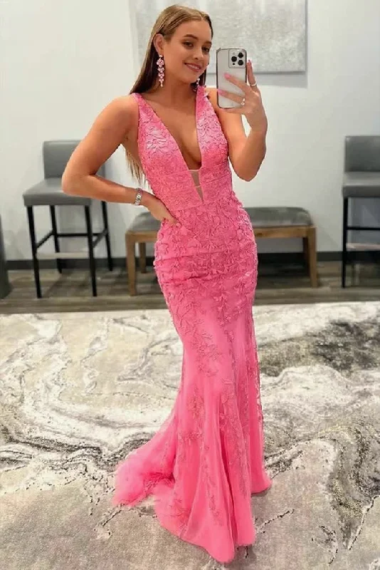 Hot Pink Mermaid Plunge V Neck Lace Prom Dress Lace Dress Lookbook