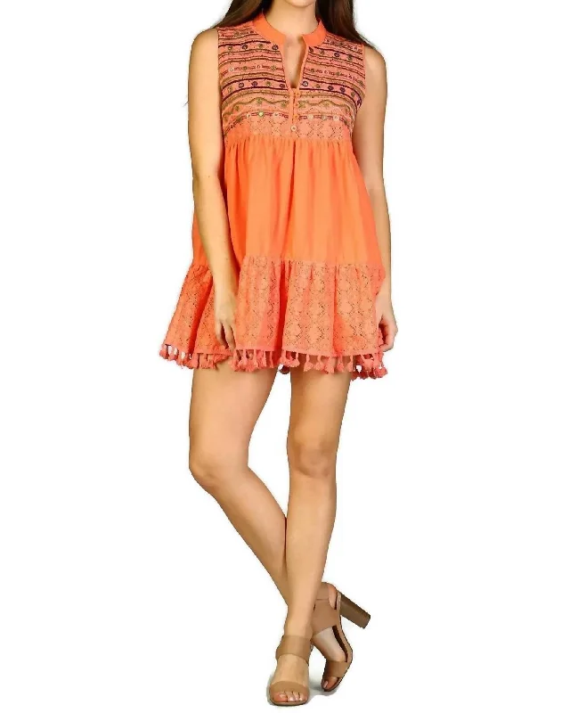 Lace & Fringe Embroidered Sleeveless Dress In Coral Lace Dress Look