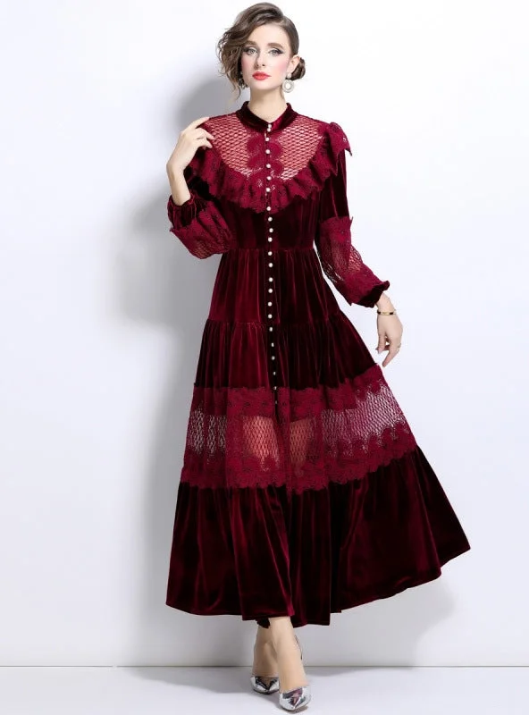 Lace Ruffled Pearl Buckle Velvet Big Swing Dress Lace Dress Glow