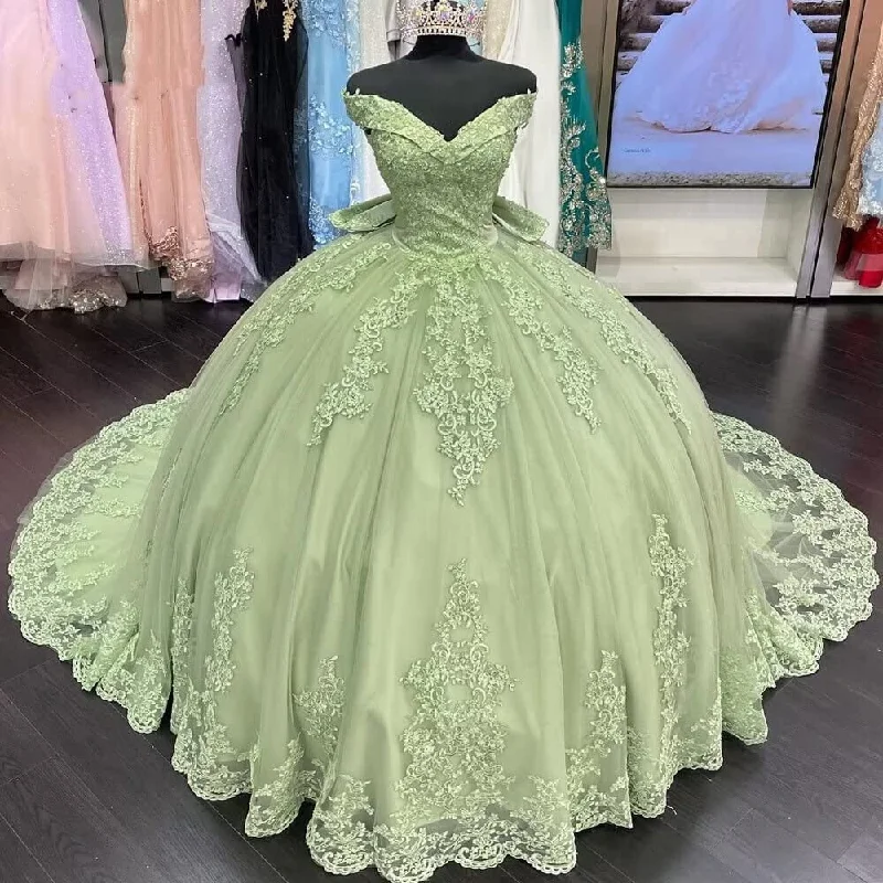 Lace Sage Green Quinceanera Dresses Applique Off Shoulder Dress Ruffled Lace Dress