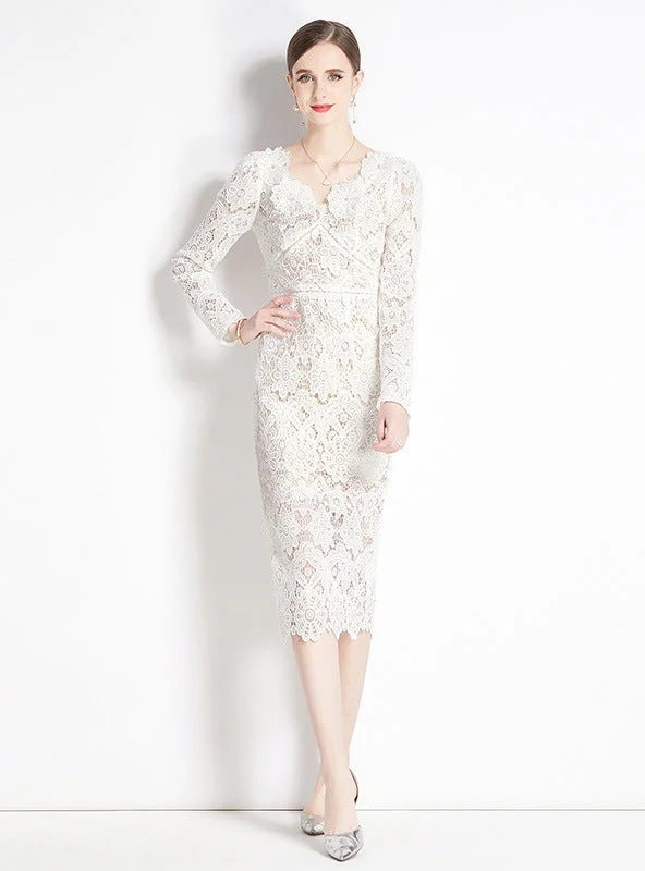 Lace V-neck Slim Mid-length Dress Lace Dress for Weddings