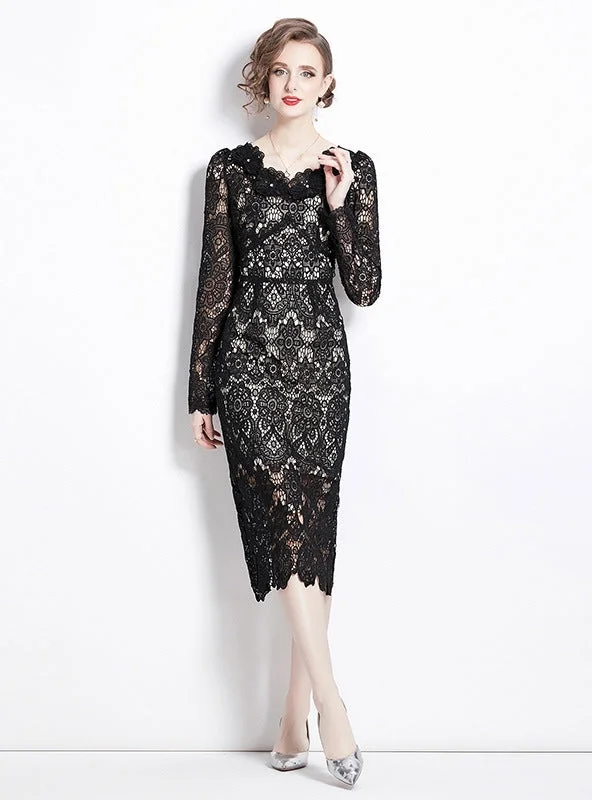 Lace V-neck Slim Mid-length Dress Tiered Lace Gown