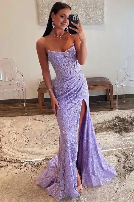 Lavender Strapless Lace Ruched Mermaid Prom Dress with Slit Lace Dress for Women