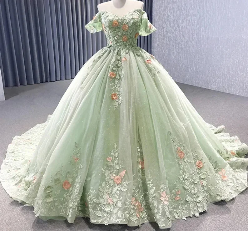 Light Green Off The Shoulder Lace Up Back Ball Gown Quinceanera Dress Lace Dress Glam