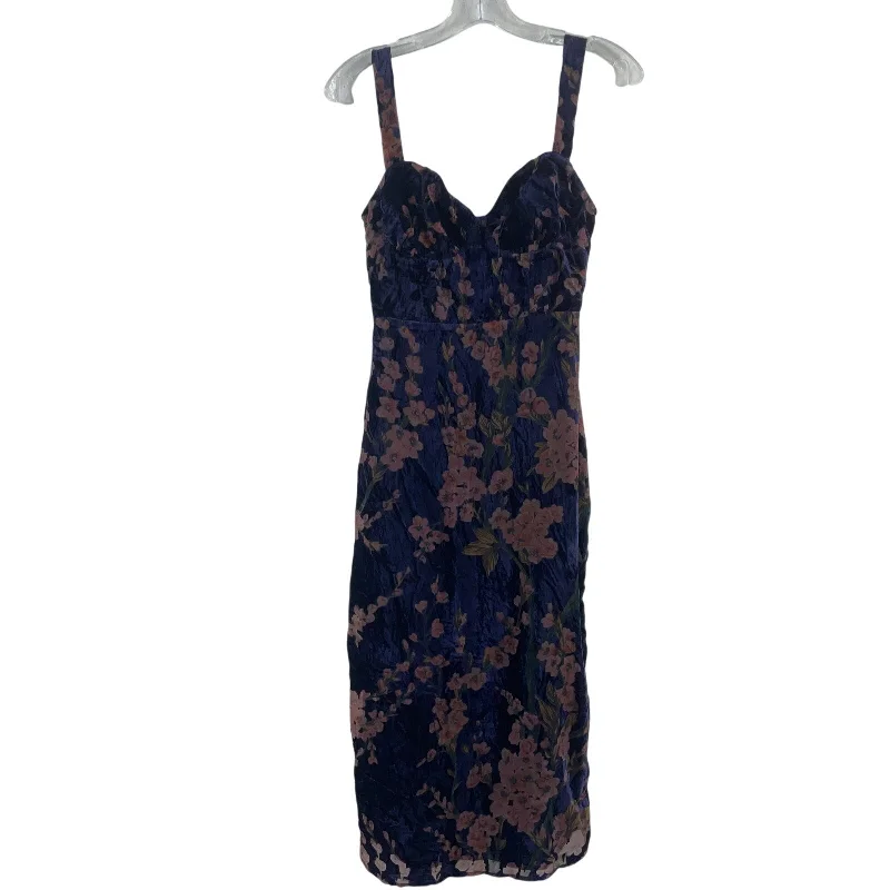 Lulus Navy Velvet Floral Slinky Pencil Midi Dress Womens XS Rayon/Nylon Preowned Elegant Midi Skirt