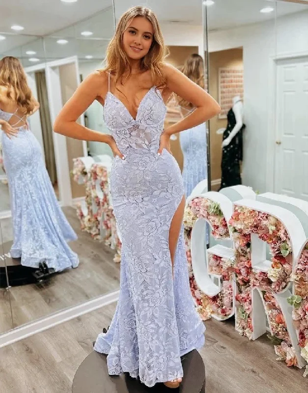 Mermaid Spaghetti Straps Lace Prom Dress With Slit Lace High Neck Dress