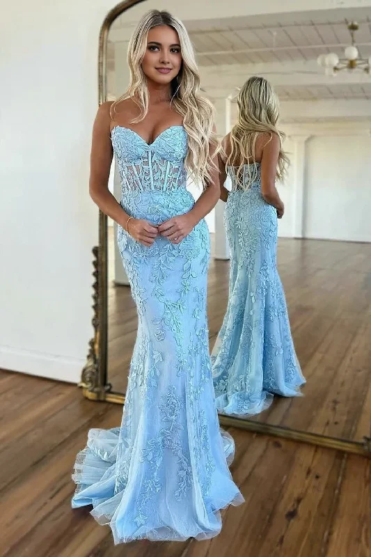 Mermaid Strapless Lace Prom Dress With Appliques Lace Dress Trendy