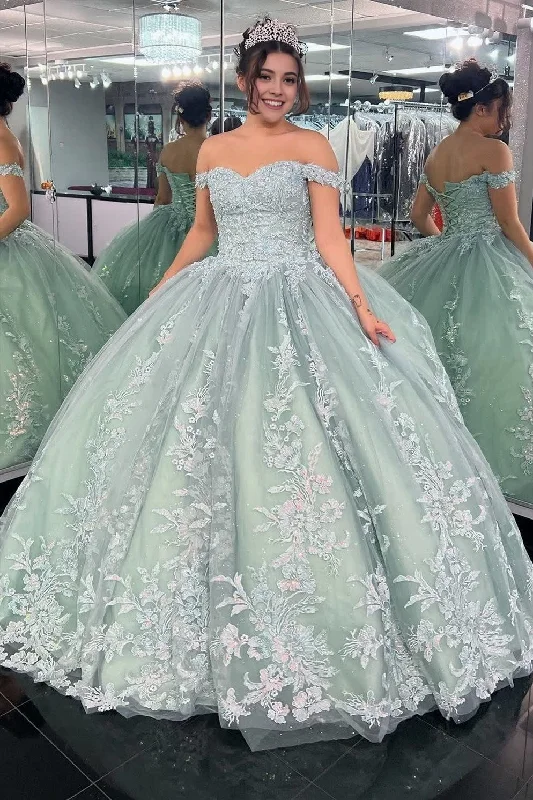 Off-the-Shoulder Dusty Sage Appliques With Lace Up Quinceanera Dress Lace Evening Gown