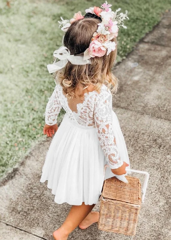 Paisley Lace Flower Girl Dress in White Long Sleeve Lace Dress