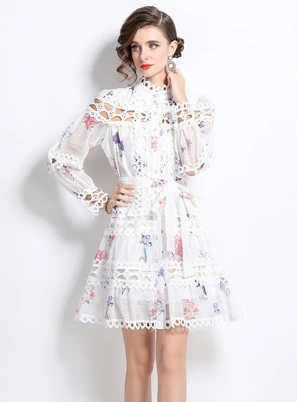 Palace Style Stand-up Breasted Printed Dress Bohemian Lace Dress