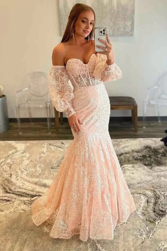 Peach Sweetheart Sheer Lace Corset Mermaid Prom Dress Lace Dress Layers