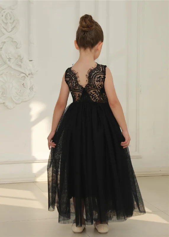 Peony Lace Flower Girl Dress in Black Lace Bridesmaid Dress