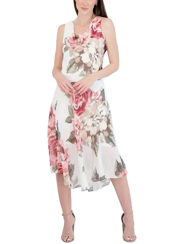 Petites Womens Chiffon Floral Midi Dress Classic A-line Skirt