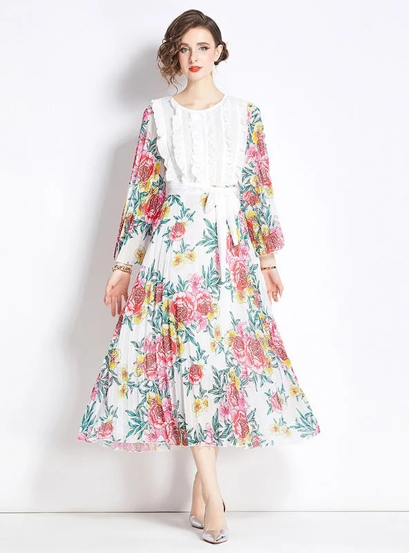 Printed Lace Stitching Pleated Dress Flowy Lace Dress