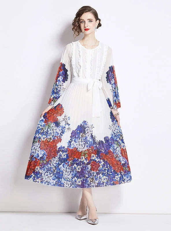 Printed Lace Stitching Pleated Dress Lace Dress Modern