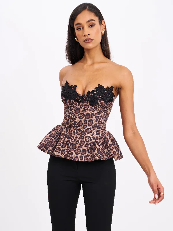 Qiara Cheetah Print Peplum Top with Lace Trim Lace Cocktail Gown