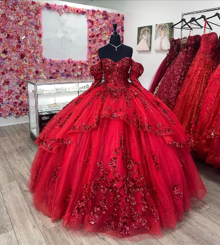 Red Ball Gown Off-the-Shoulder Lace-Up Back Quinceanera Dresses Tiered Lace Dress