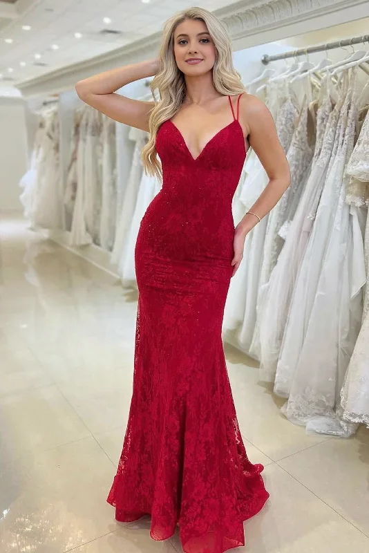 Red Lace V Neck Mermaid Prom Dress Lace Dress Appeal