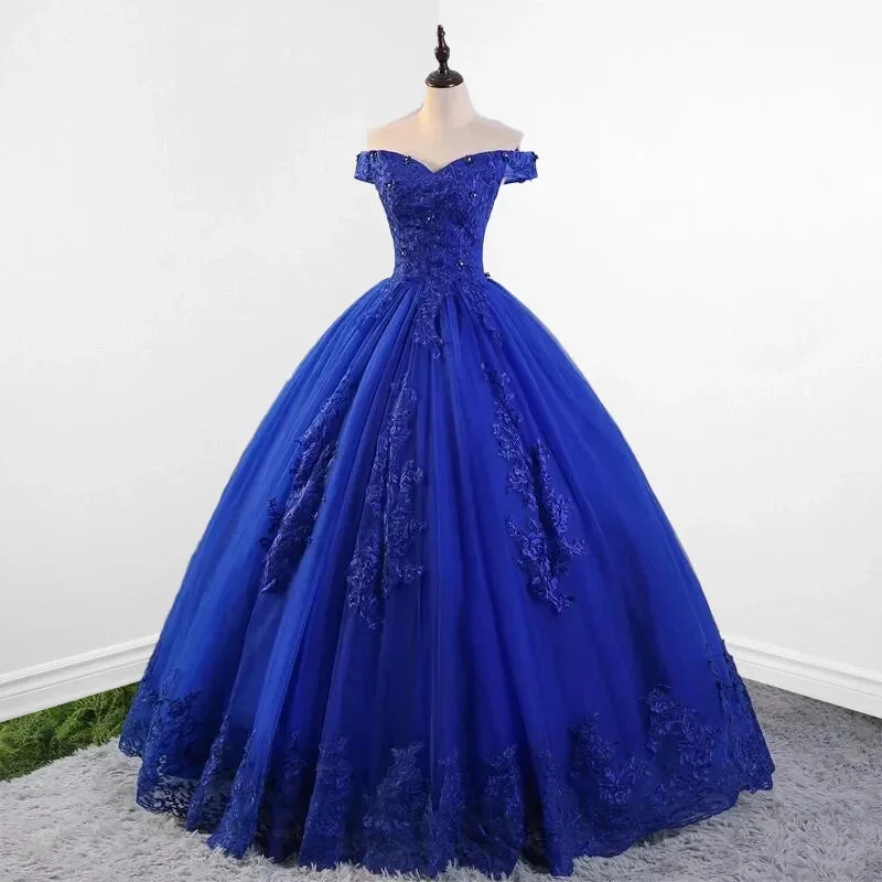 Royal Blue Lace Off the Shoulder Quinceanera Dresses with Flowers Lace Dress Fit