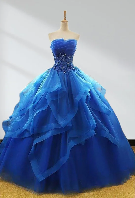 Royal Blue Quinceanera Dresses Organza Lace Applique Prom Dresses Sleeveless Lace Dress