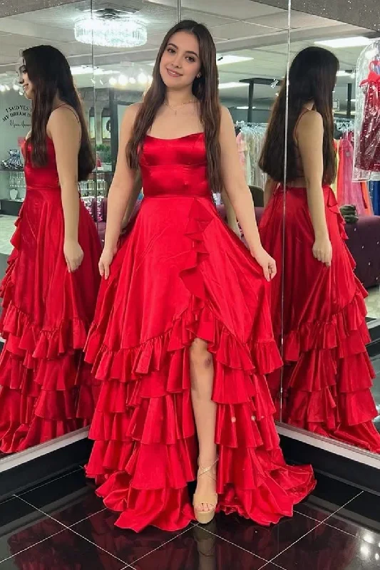 Scoop Neck A Line Lace-Up Ruffle Tiered Red Prom Dress with Slit Casual Lace Dress