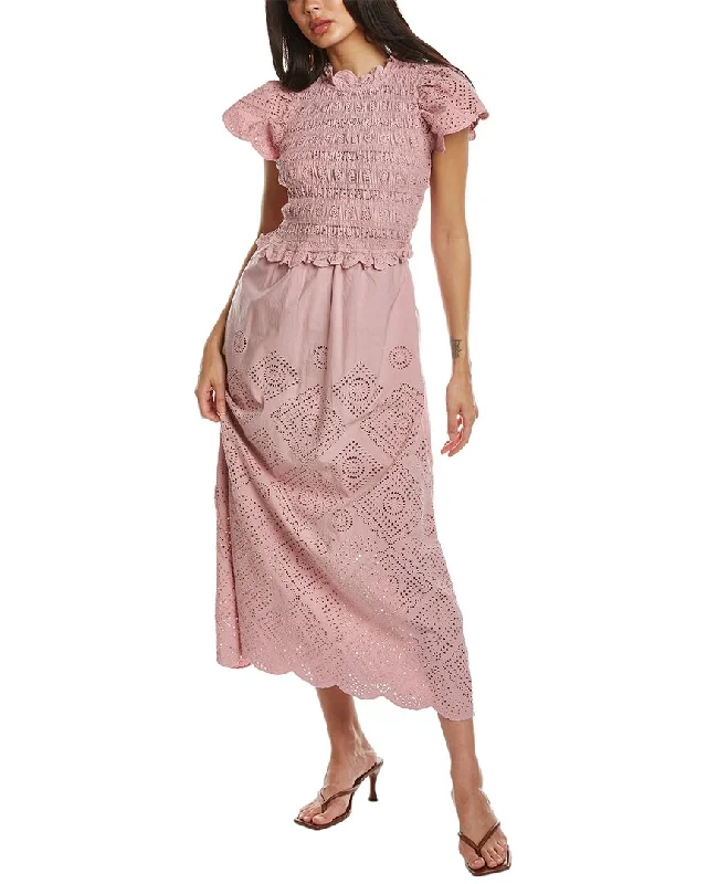 SEA NY Vienne Eyelet Smocked Midi Dress Pleated Satin Skirt