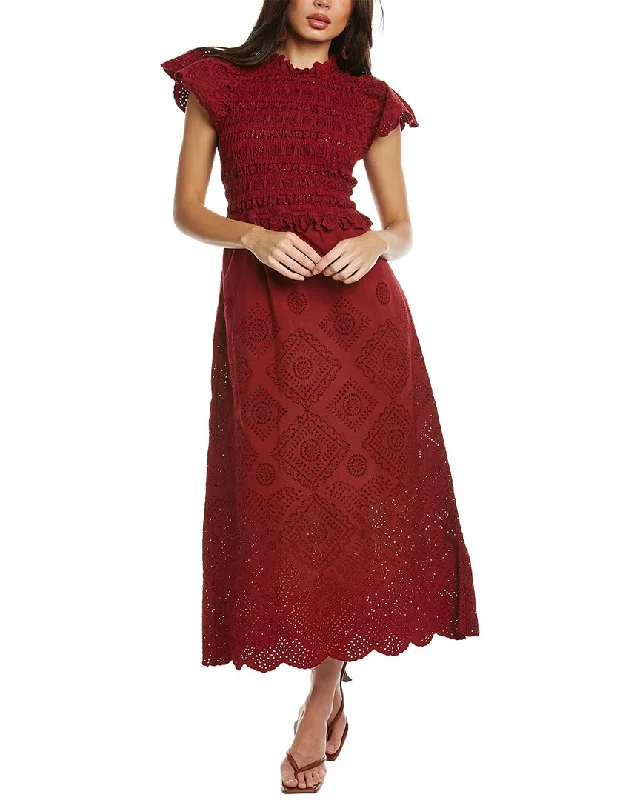 SEA NY Vienne Eyelet Smocked Midi Dress Fitted Midi Skirt