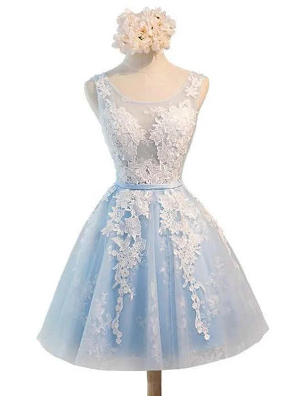 See Through Light Blue Skirt Ivory Lace Homecoming Prom Dresses, Cheap Homecoming Dresses, CM278 Lace Dress Sparkle