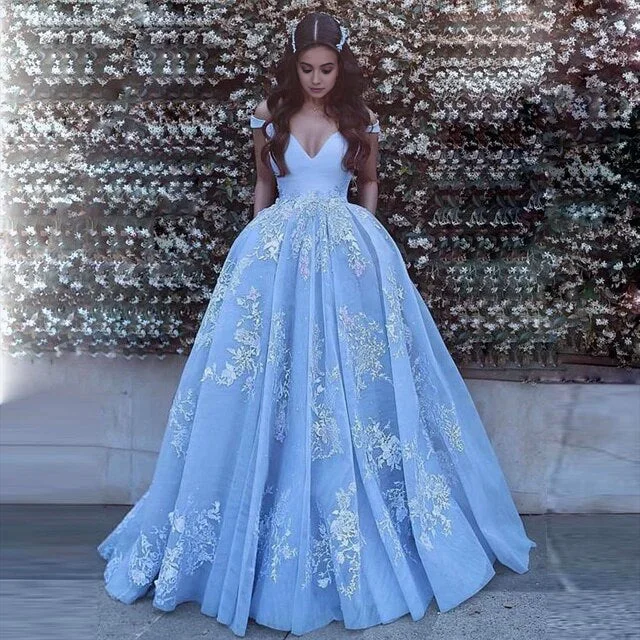 Sky Blue Ball Gown Lace Appliqued Off the Shoulder Quinceanera Dress Lace Fit-and-Flare