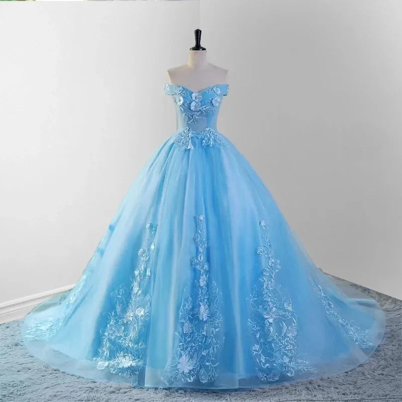 Sky Blue Lace Dress 3D Flowers Quinceanera Dresses with Train Lace Dress Casual