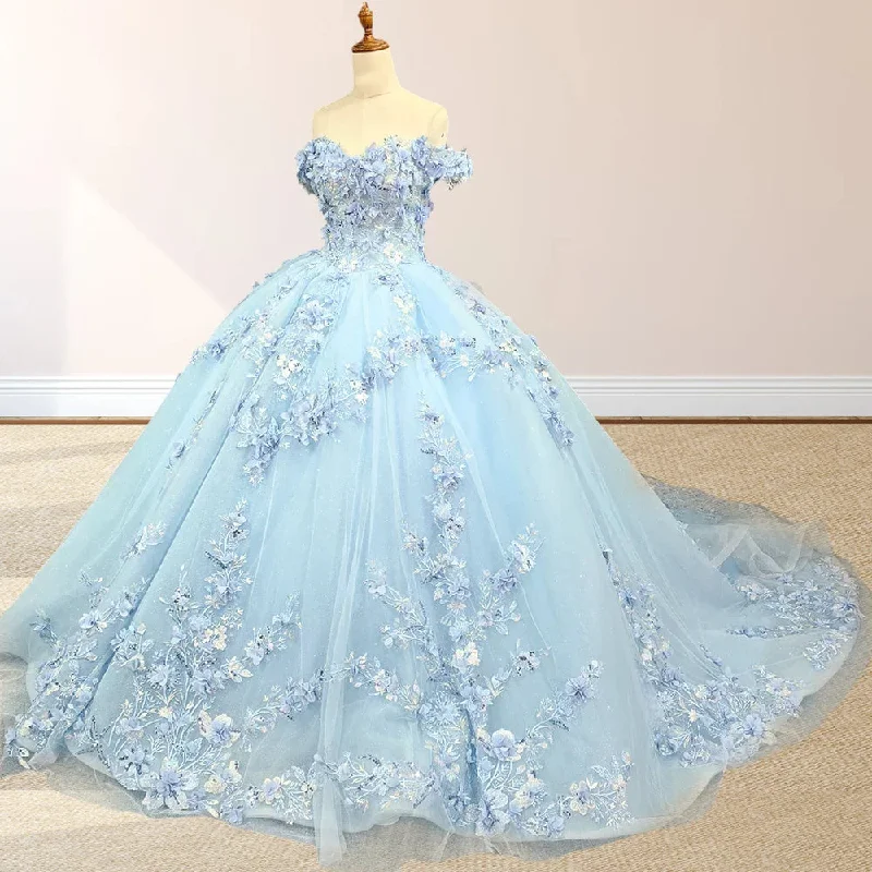 Sky Blue Lace Princess Quinceanera Dress Ball Gown Lace Dress Trend