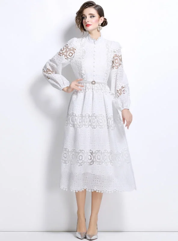 Slim-fit Stitching Lace Dress with Pearl Belt Lace Dress Perfect