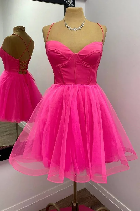 Straps Hot Pink Lace-Up A-Line Homecoming Dress Satin Lace Dress