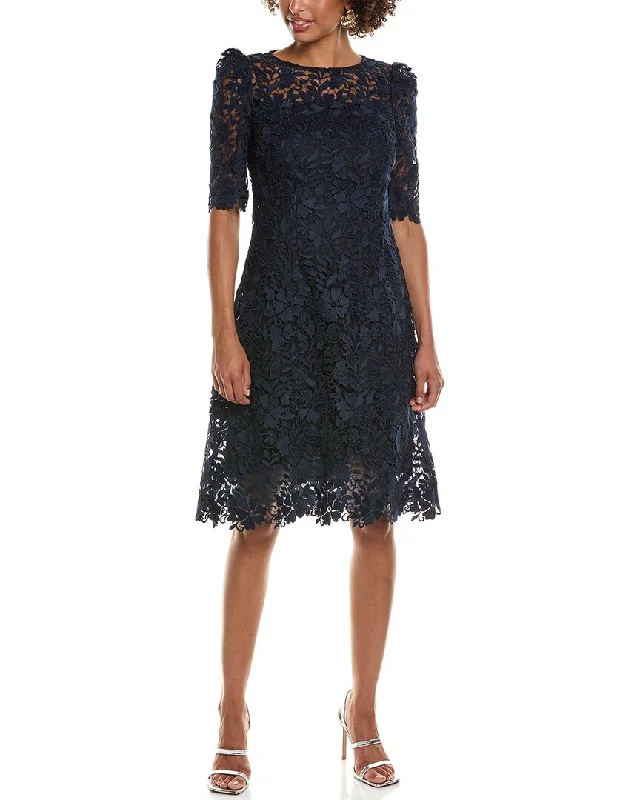 Teri Jon by Rickie Freeman Lace Jewel Neck Elbow-Sleeve Sheath Dress Layered Lace Dress