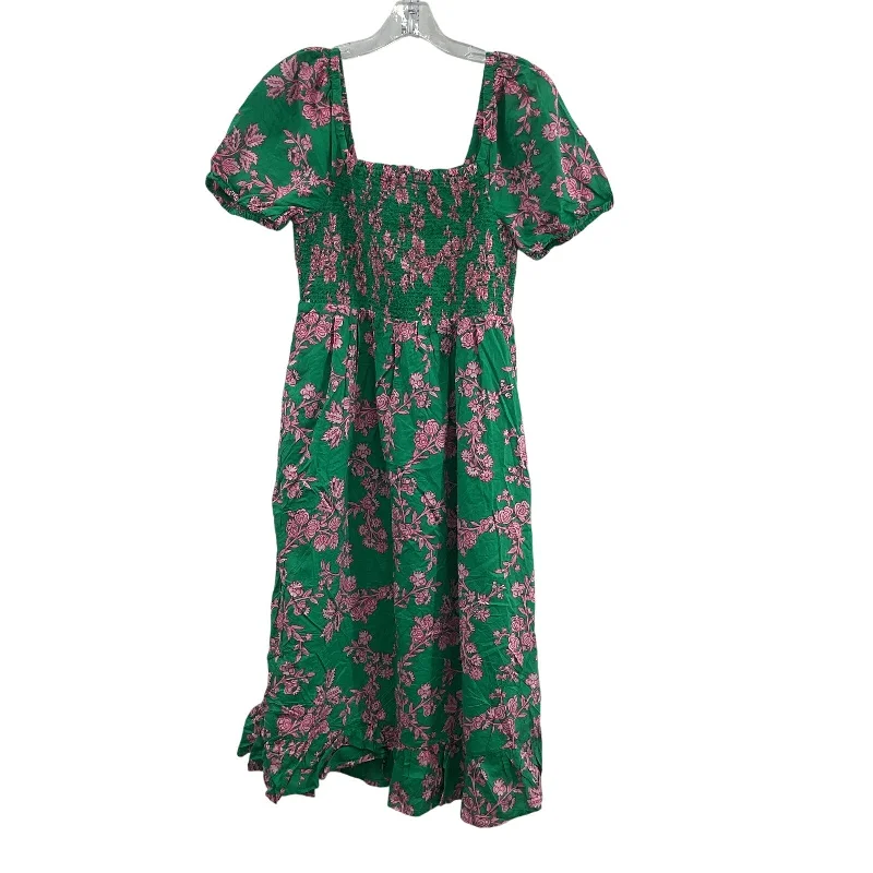 Women J. by J.Crew Green Pink Floral A-Line Midi Summer Dress Cotton Size S Ruffled Skirt Midi