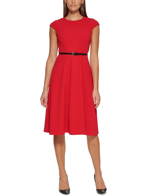 Womens Cap Sleeves Midi Wear to Work Dress Lace-up Midi Skirt