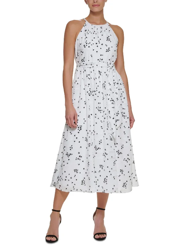 Womens Flowy Midi Halter Dress Vintage Printed Skirt