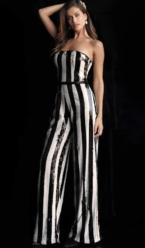 Jovani - Contrast Striped Sequined Jumpsuit 65397SC - 1 pc Black/White In Size 8 Available Sequin Wrap Dress