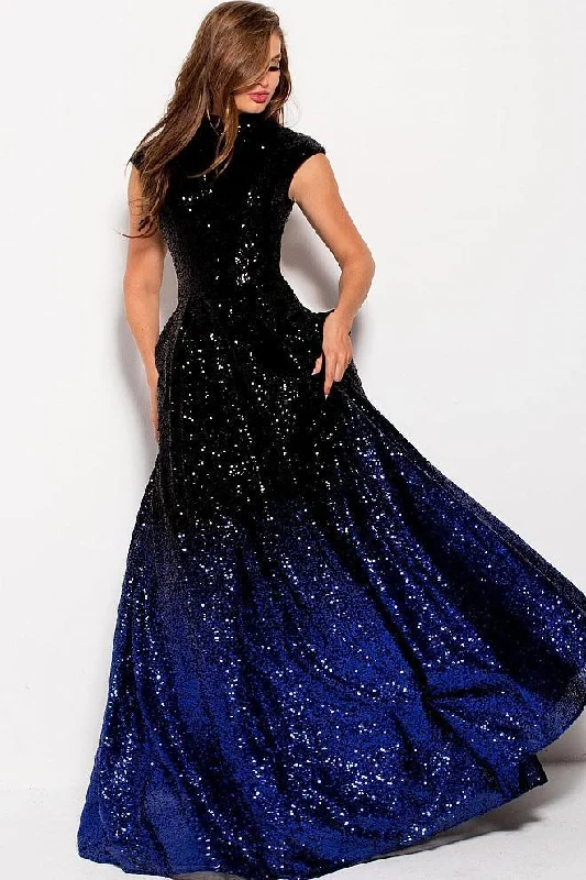 Jovani - Sequin High A-line Dress 60497 - 1 pc Black/Royal In Size 12 Available Chic Sequin Dress