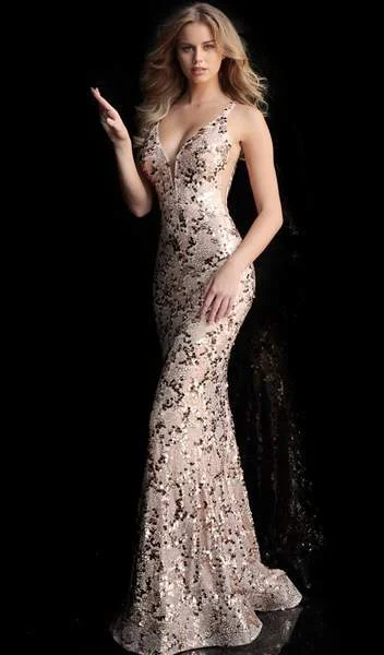 Jovani - Sequined Plunging V-Neck Fitted Gown 65570 - 1 pc Blush In Size 10 Available Glitter Sequin Dress