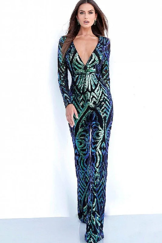 Jovani - Sequined Plunging V Neck Long Sleeves Jumpsuit 66511 - 1 pc Black/Peacock In Size 4 Available Floor-length Sequin Dress