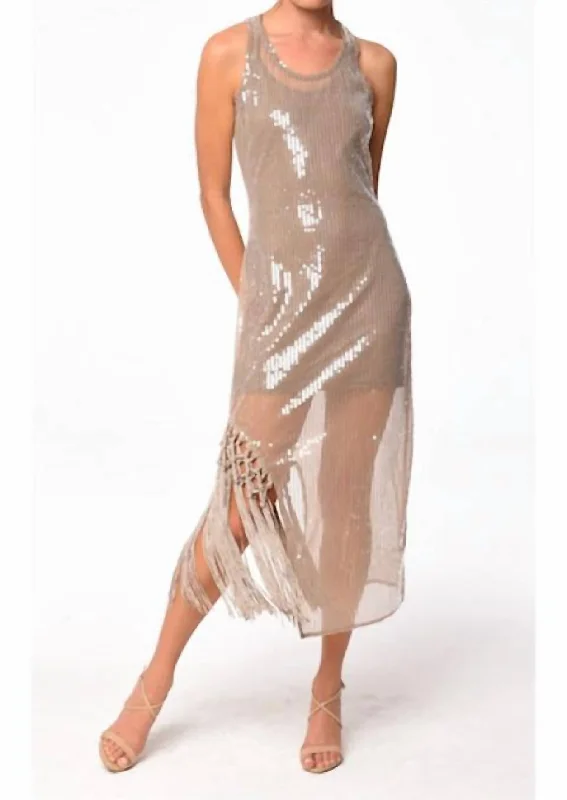 Kataline Fringe Hem Sequin Dress In Tan Lush Sequin Dress