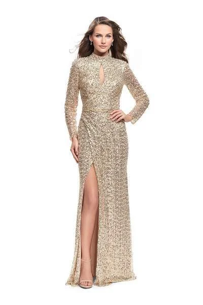 La Femme - Long Sleeve High Neck Sequined Evening Gown 26263 - 1 pc Gold In Size 4 Available Glam Sequin Dress