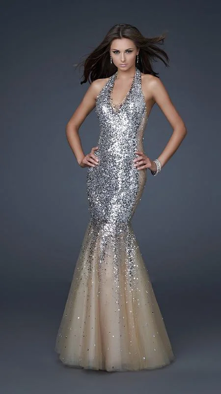 La Femme Plunging Halter Style Sequined Gown 16804 - 1 Pc Silver/Nude in Size 6 Available Sequin Shift Dress