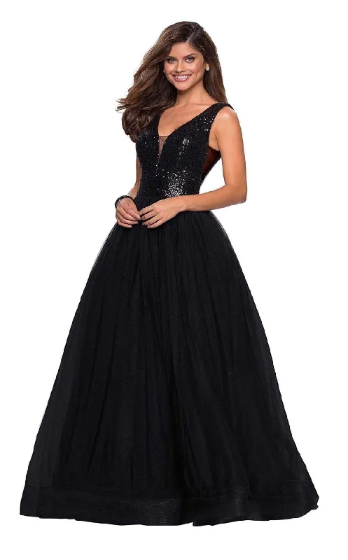 La Femme - Sequined Deep V-neck Tulle Ballgown 27336SC - 1 pc Black In Size 16 Available Sexy Sequin Dress