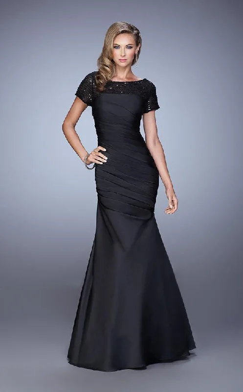 La Femme - Sequined Short Sleeves Draped Mermaid Gown 21670 - 1 pc Black in Size 6 Available Sequin Dress Fashion